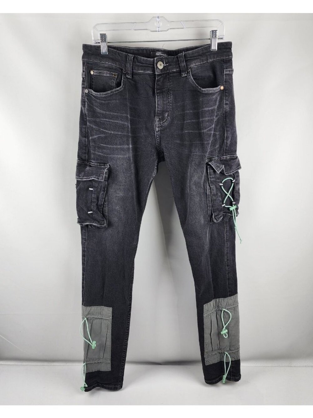 Serenede Jeans Mens 34x32 Black Cyber Cloud Cargo Denim Bungee Cord Pockets